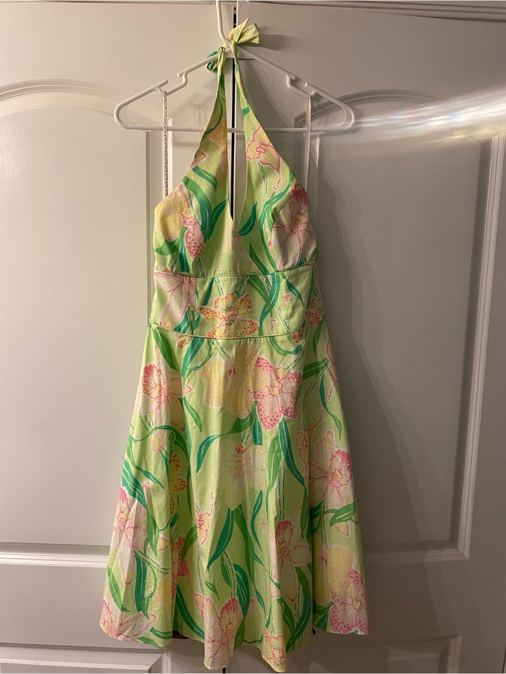 Lilly Pulitzer Lime Green & Pink Halter Backless Floral Dress, Size 0